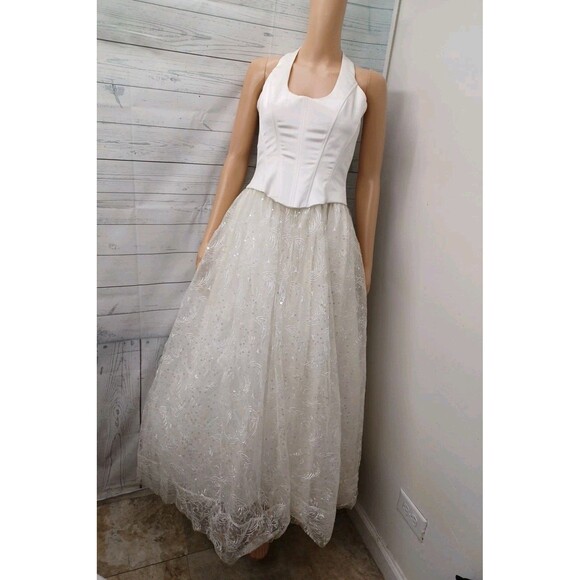 Vtg Jessica McClintock Bridal Ivory Halter Maxi Dress Sz 4 Wedding Prom Sequined - Picture 1 of 9